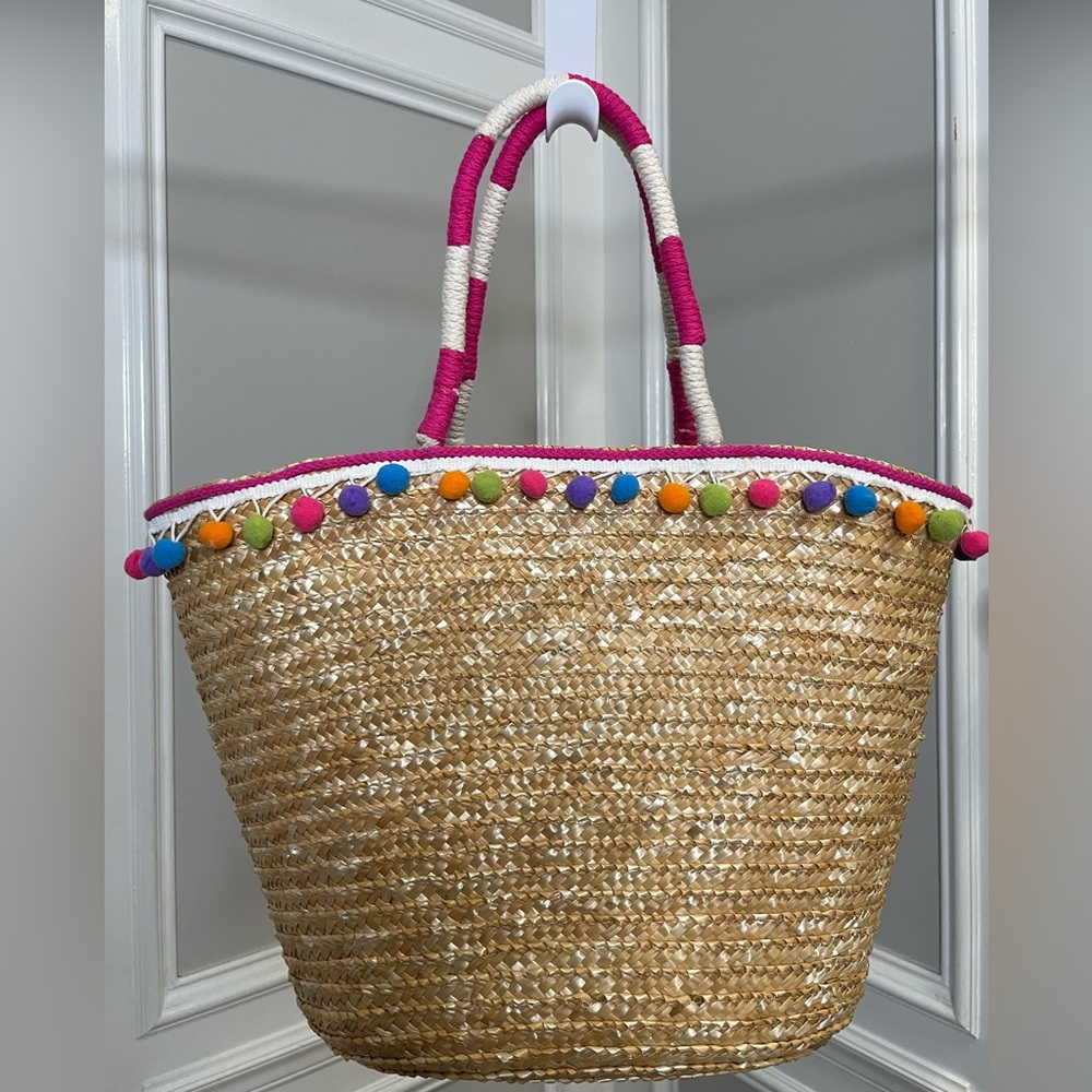 Shiraleah Multicolor Straw Tote with Pom Poms - Picture 2 of 3